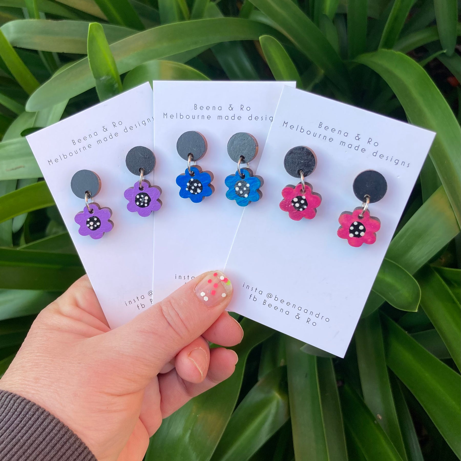 Purple hand painted flower earrings