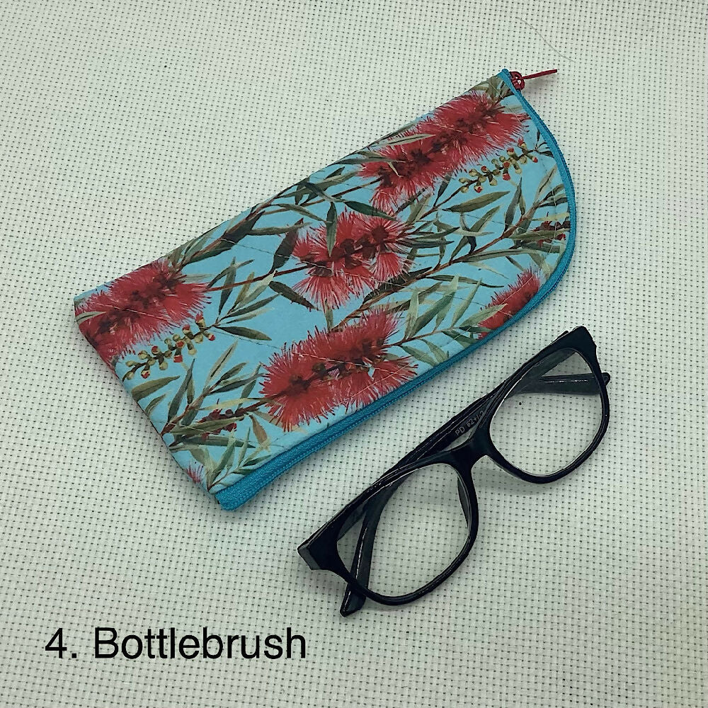 Australian wildflowers curved top zip pouch for glasses, phones, handbag organiser, etc.