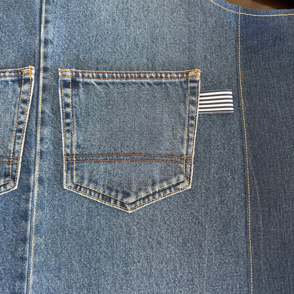 Up cycled denim Japanese style cross back kitchen apron. Crafting, gardening, no ties apron.