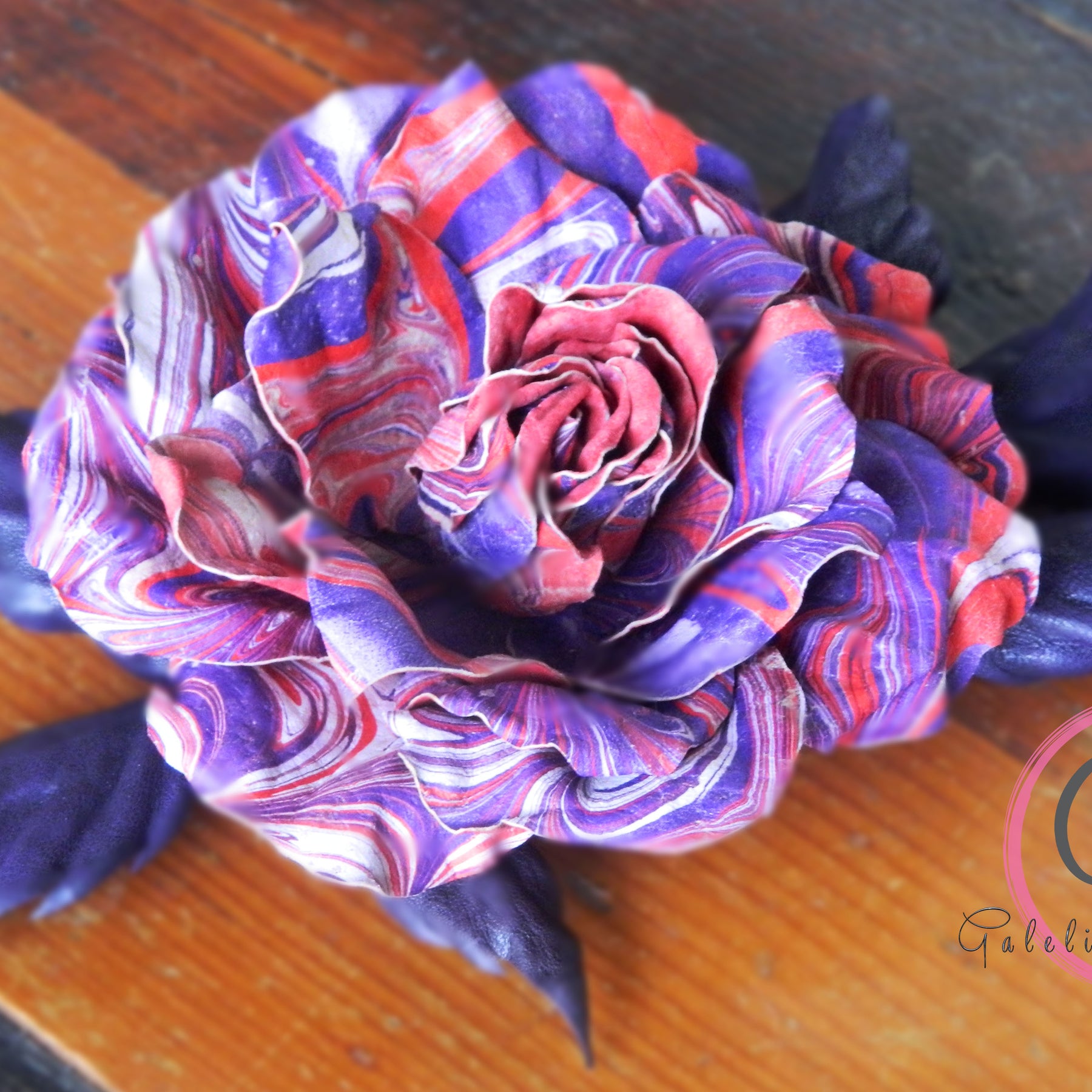 Leather Rose “Marble Flame” , Flower Brooch, Hair Hat clip