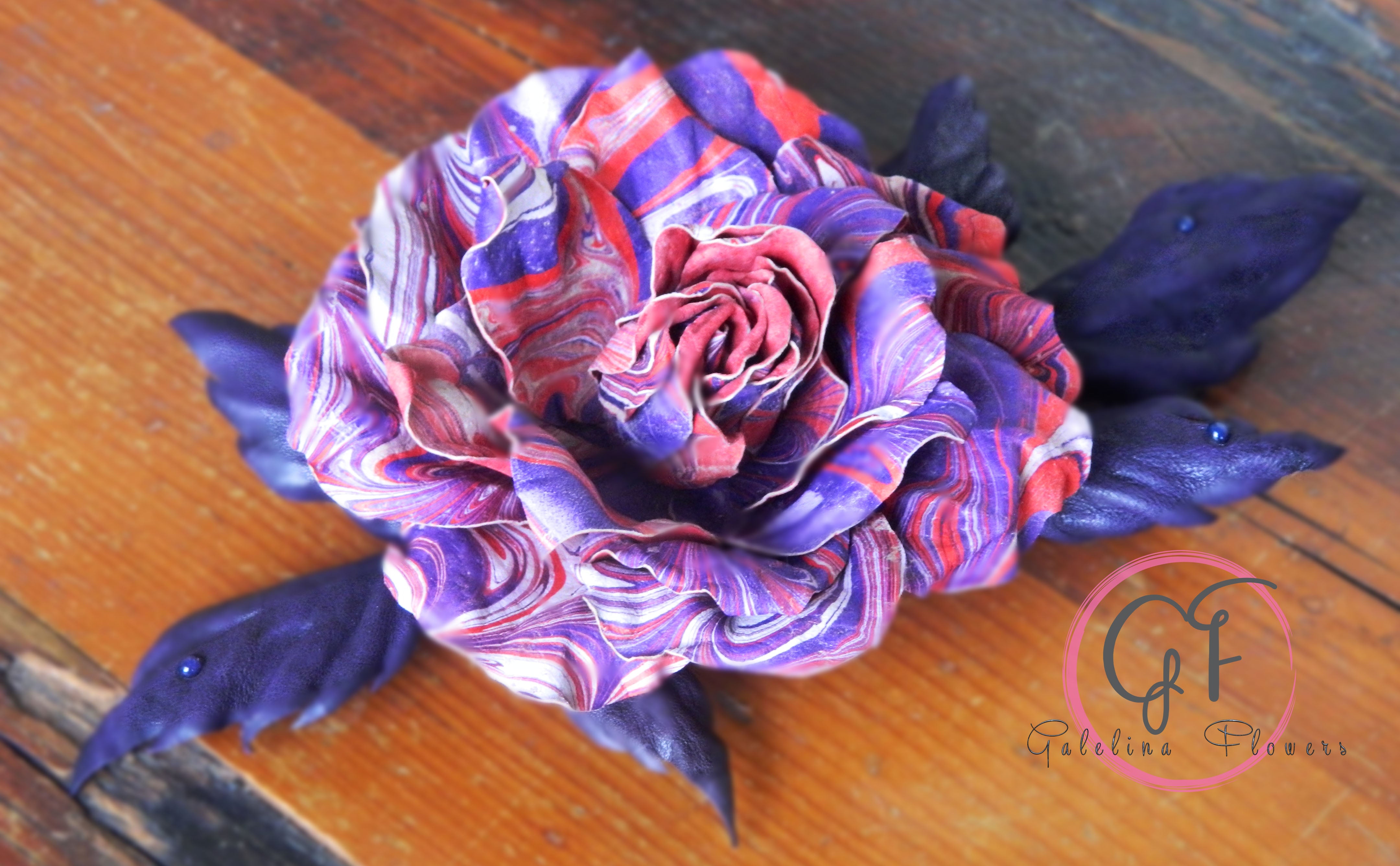 Leather Rose “Marble Flame” , Flower Brooch, Hair Hat clip