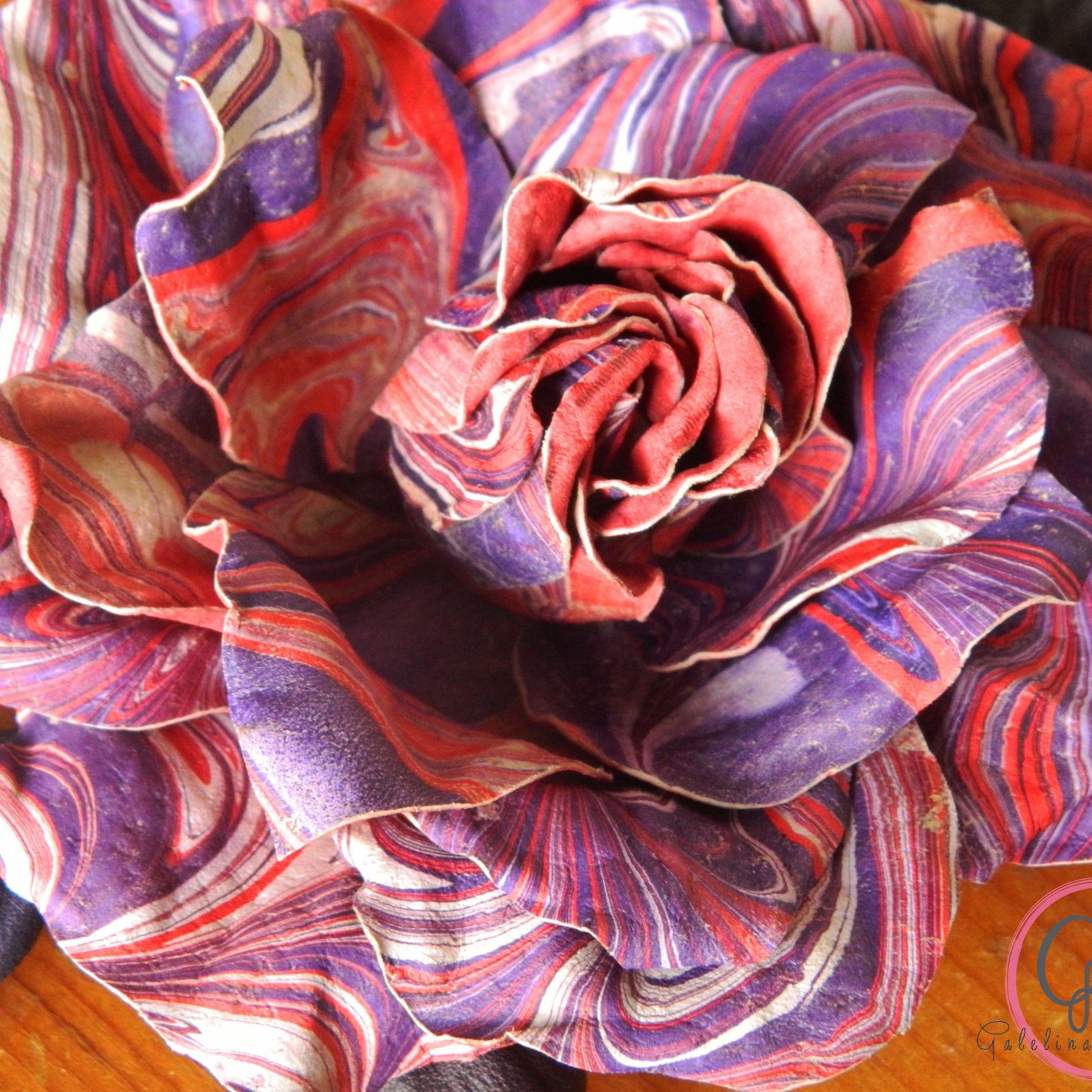 Leather Rose “Marble Flame” , Flower Brooch, Hair Hat clip
