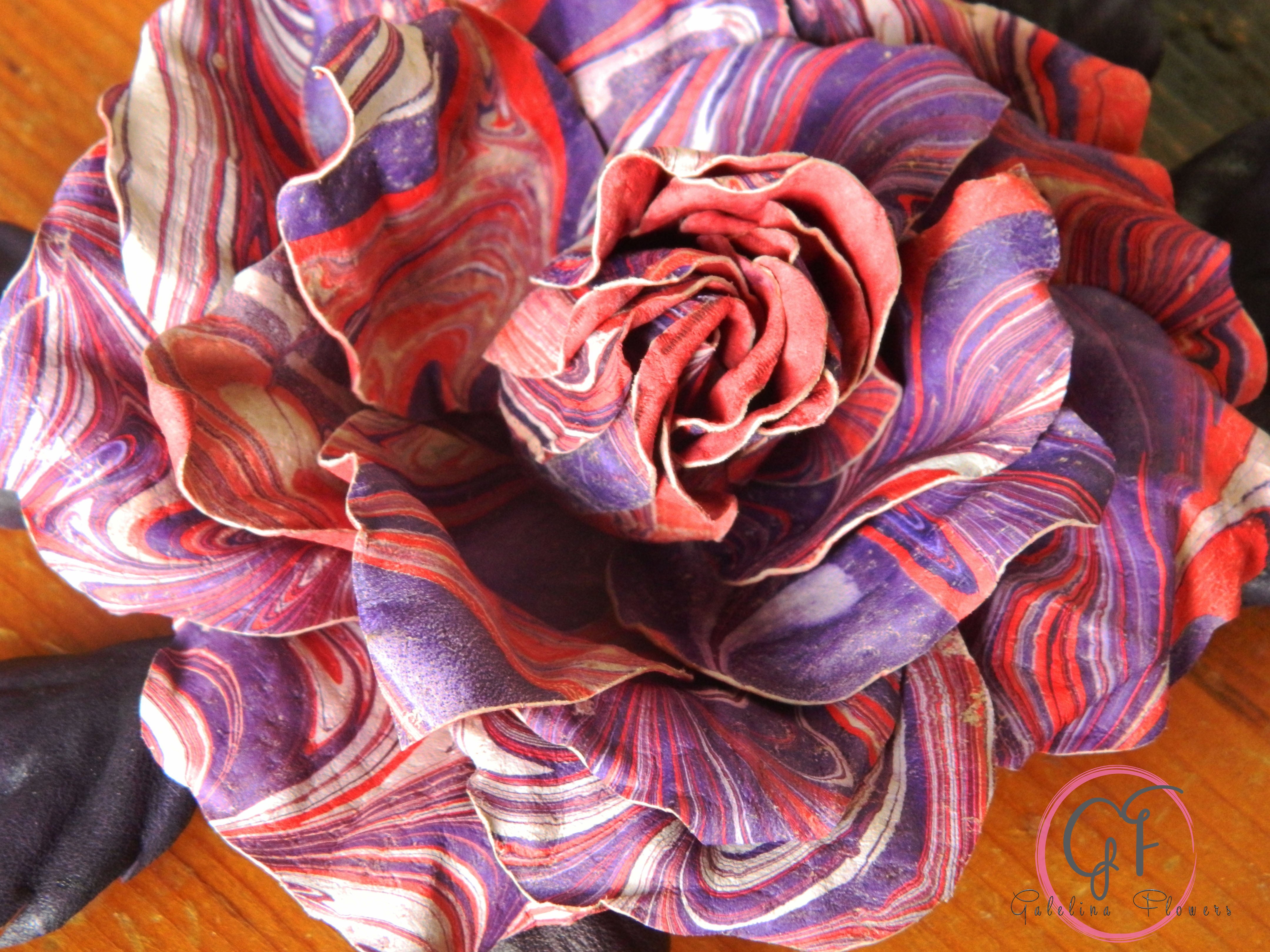 Leather Rose “Marble Flame” , Flower Brooch, Hair Hat clip