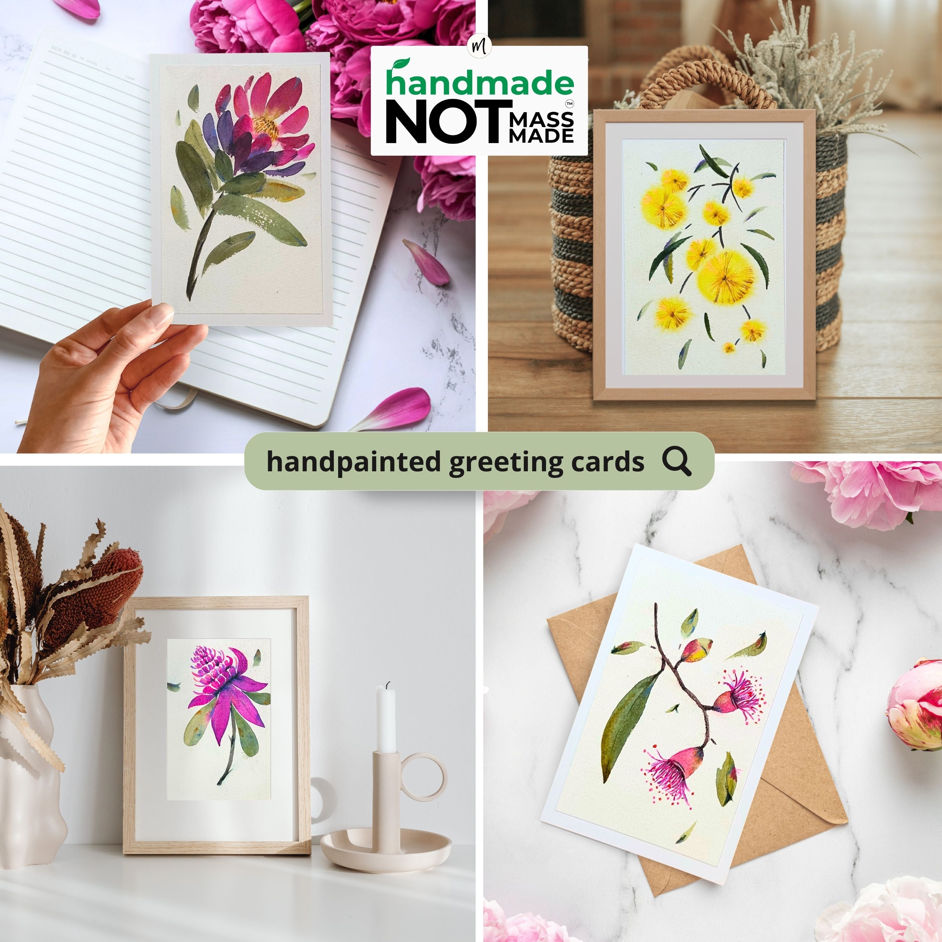 Handmade Australian Flora Greeting Cards – Waratah, Golden Wattle, Flowering Gum & King Protea
