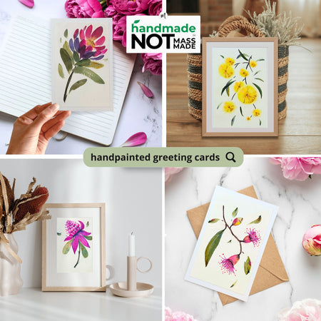 Handmade Australian Flora Greeting Cards – Waratah, Golden Wattle, Flowering Gum & King Protea