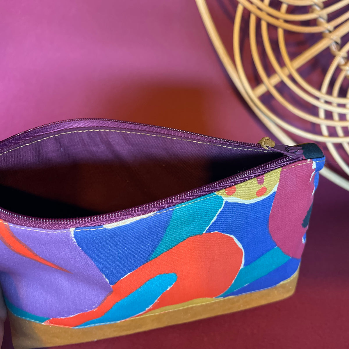 Colourful, repurposed vintage fabric ZIP POUCH fully lined, leather accents