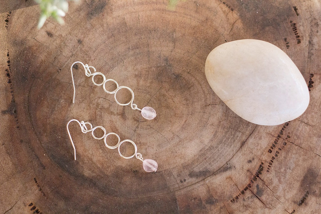 Natural Rose Quartz Gemstone Silver Earrings | Crystal Jewellery