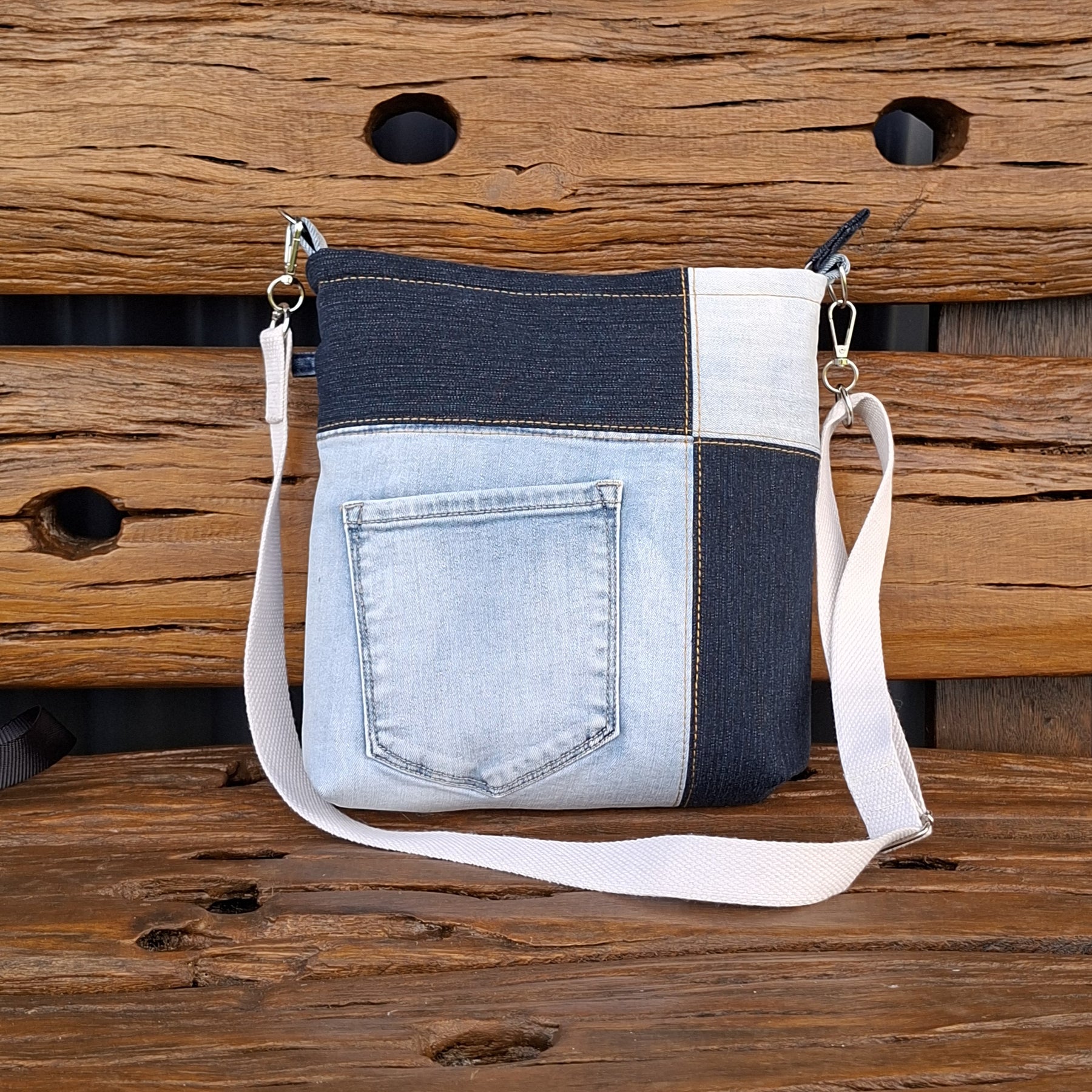 Upcycled Denim Contrast Unisex Crossbody Bag