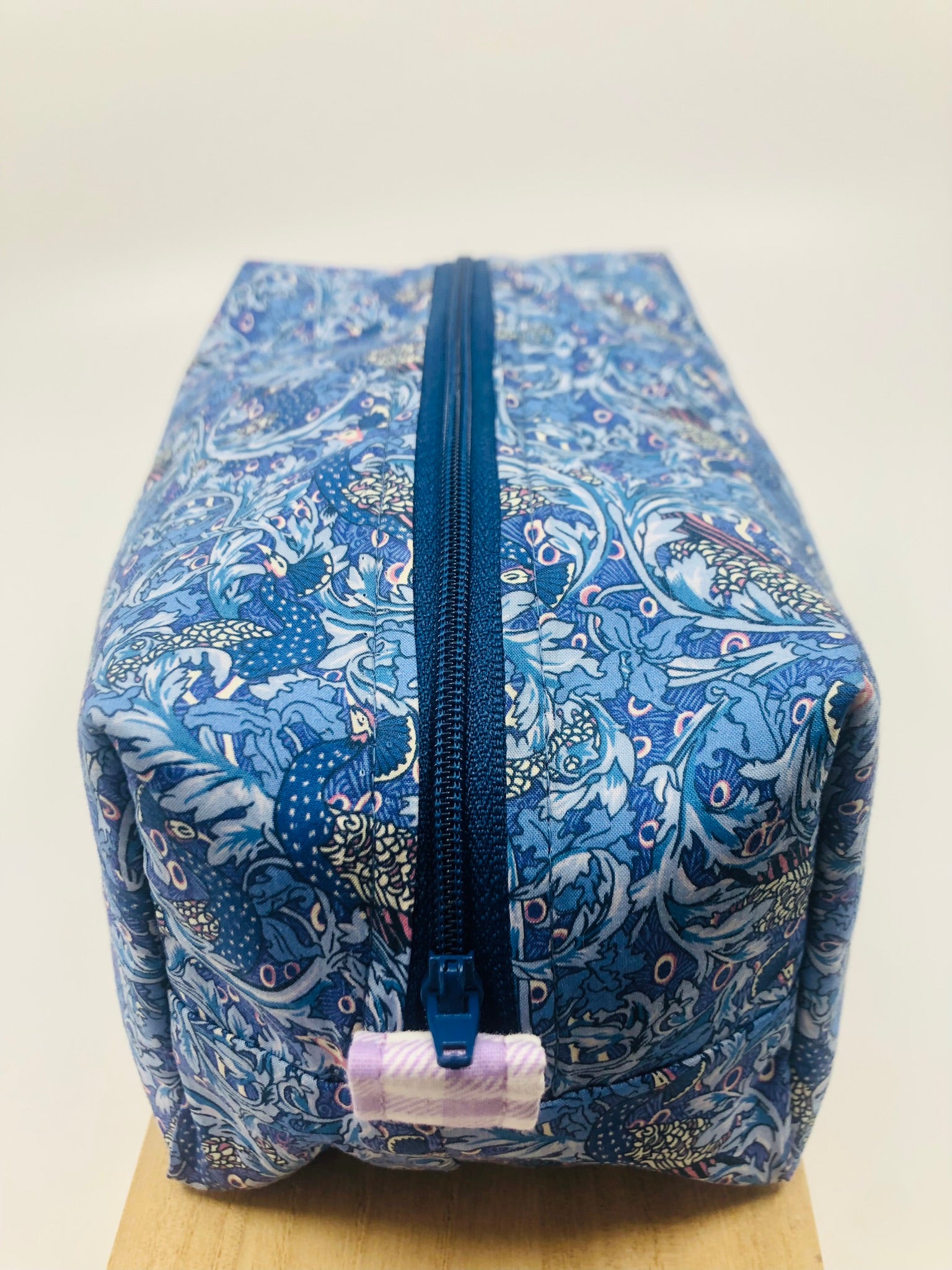 Blue peacock Liberty fabric - selection of sizes and lined with lilac gingham or navy drill