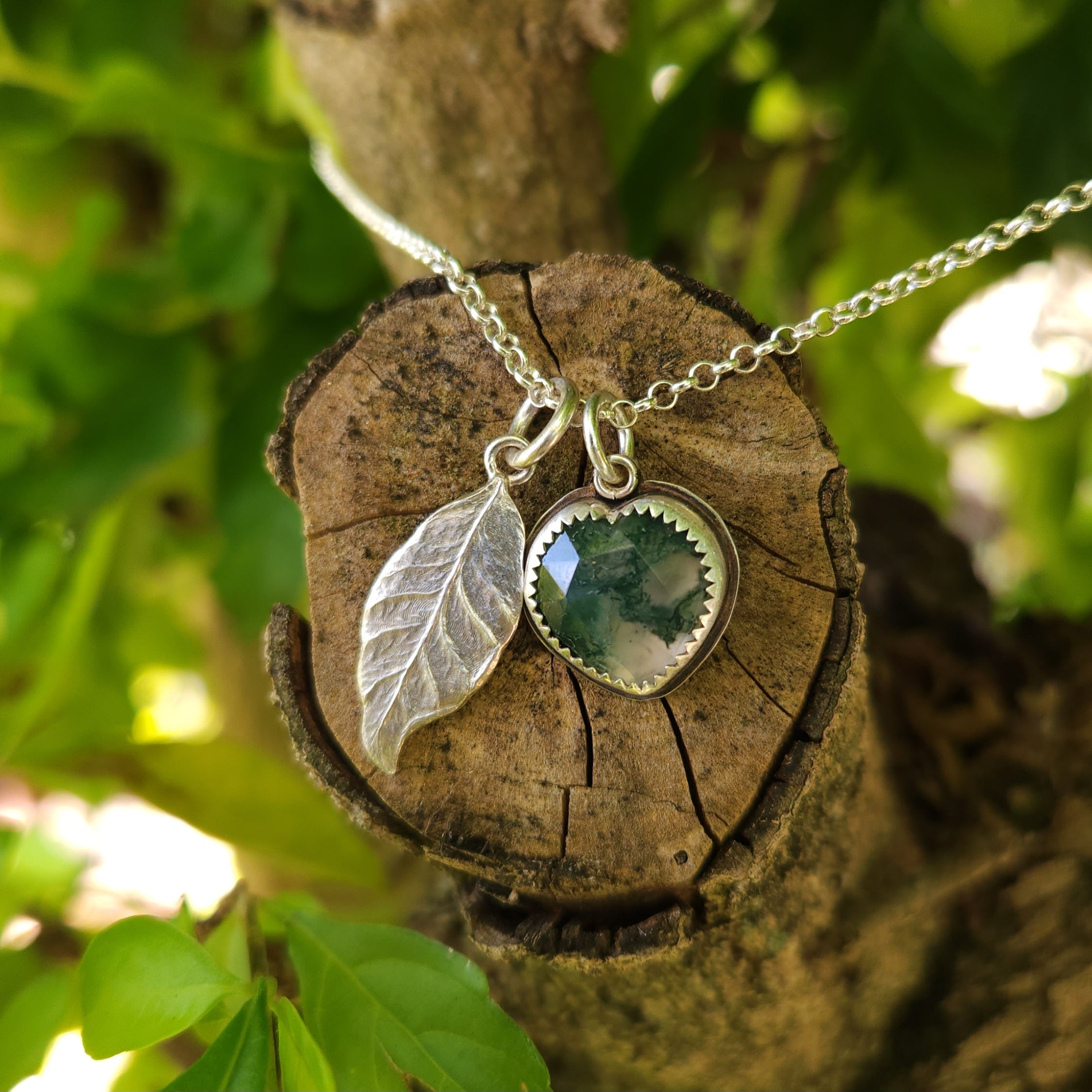 Twin pendants - silver leaf & moss agate heart