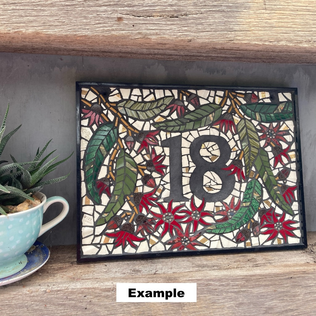 House Number Mosaic - Personalised - Grevilleas - Upcycled Crockery