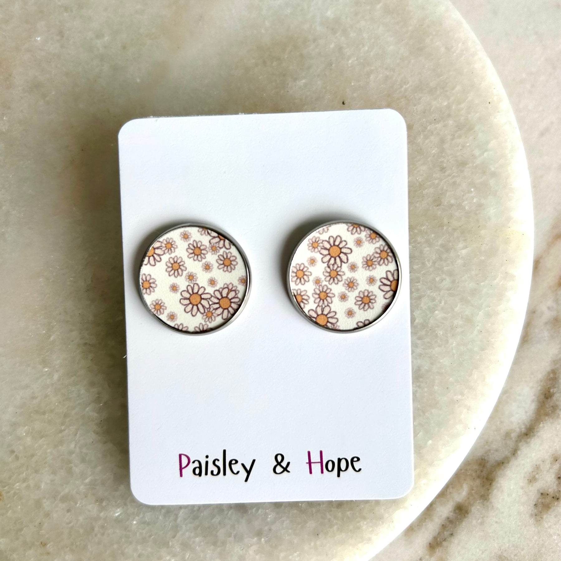 Daisy Faux Leather Bezel Style Studs - Choose size