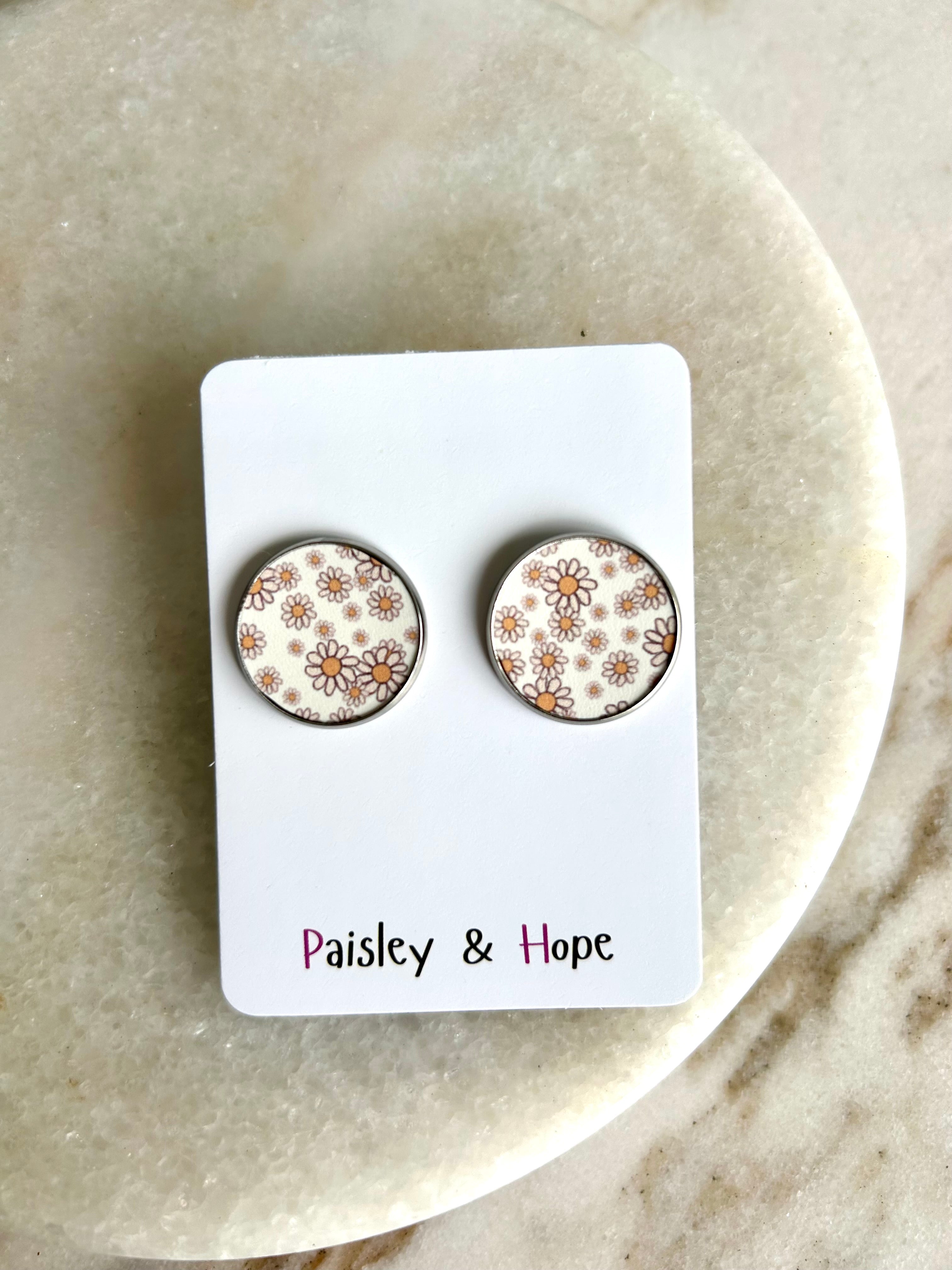 Daisy Faux Leather Bezel Style Studs - Choose size