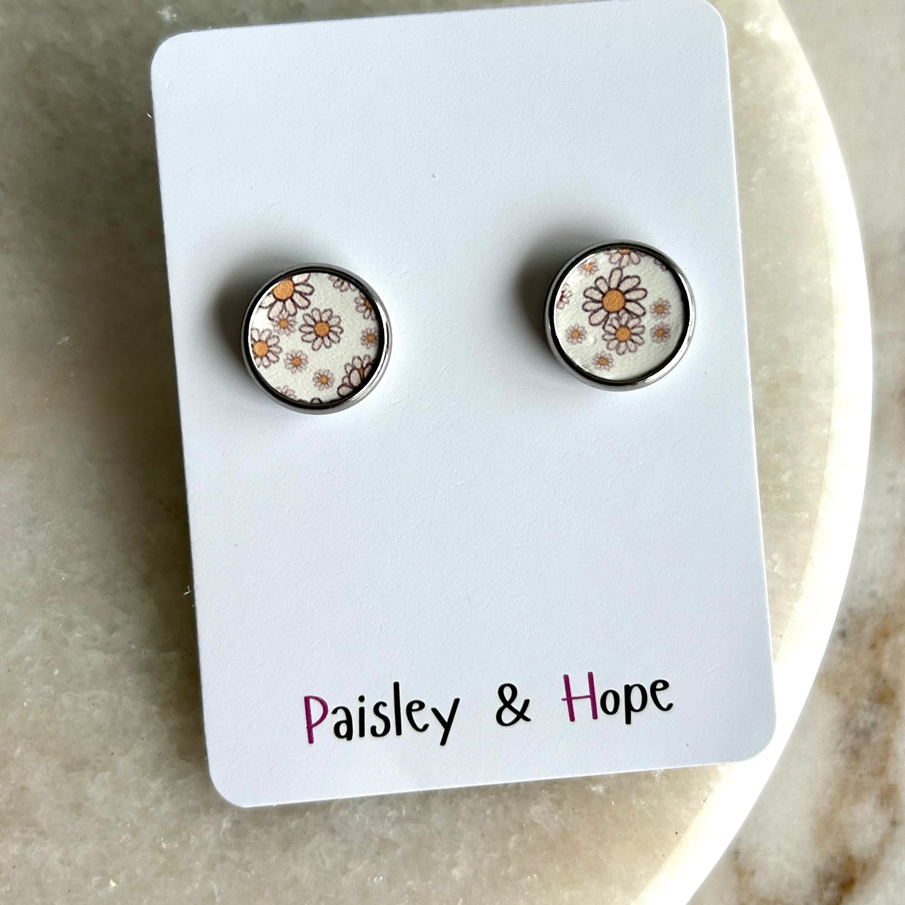 Daisy Faux Leather Bezel Style Studs - Choose size