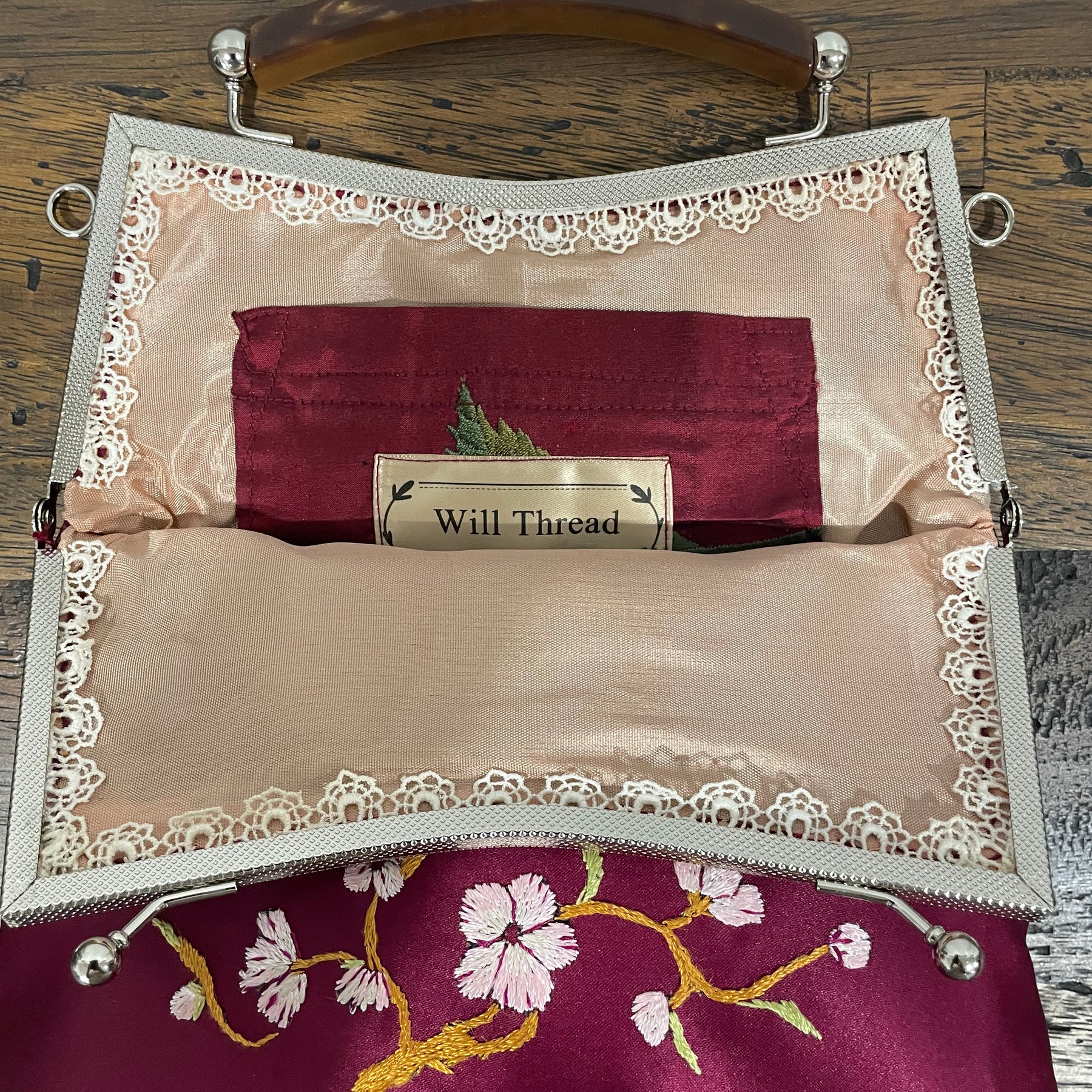 Handmade Plum Satin Handbag, Cherry Blossom Embroidery