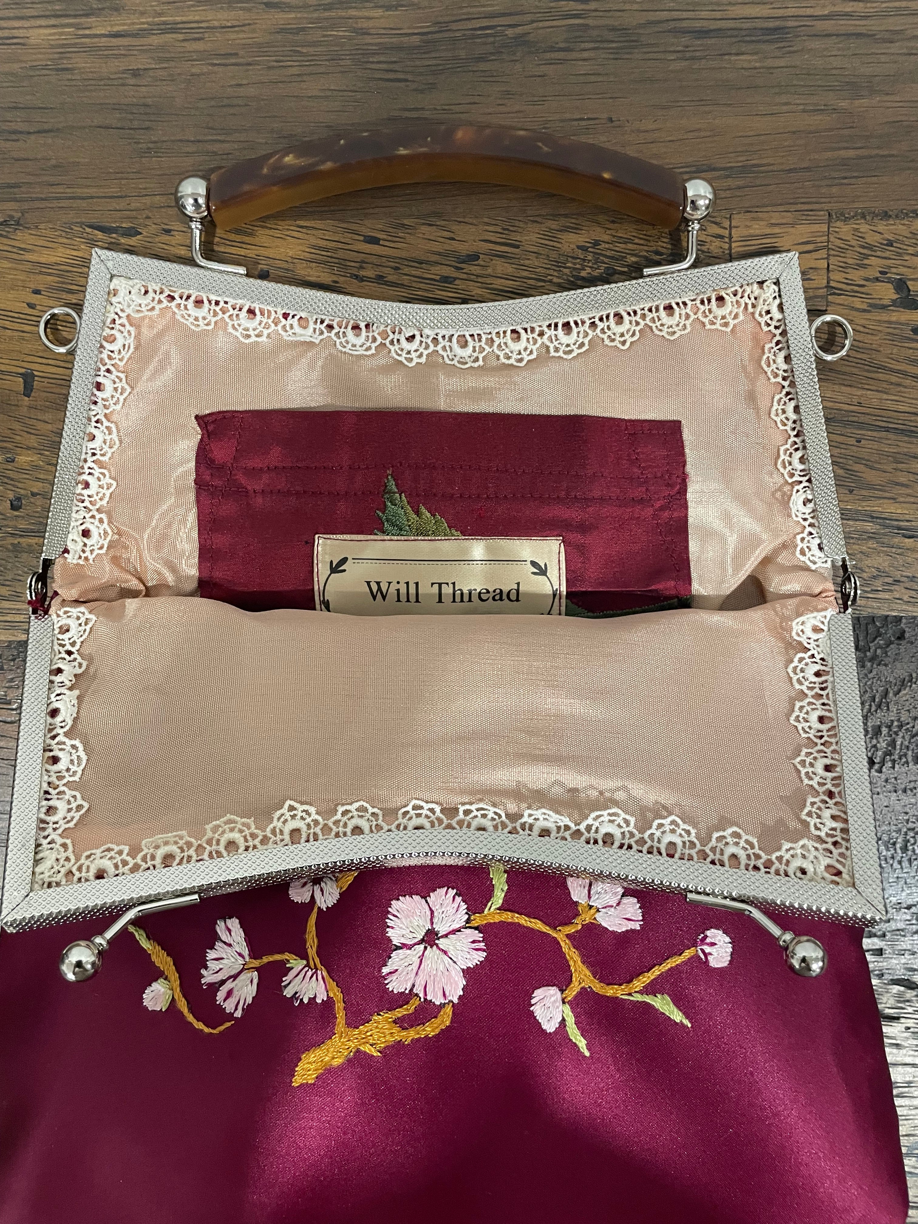 Handmade Plum Satin Handbag, Cherry Blossom Embroidery