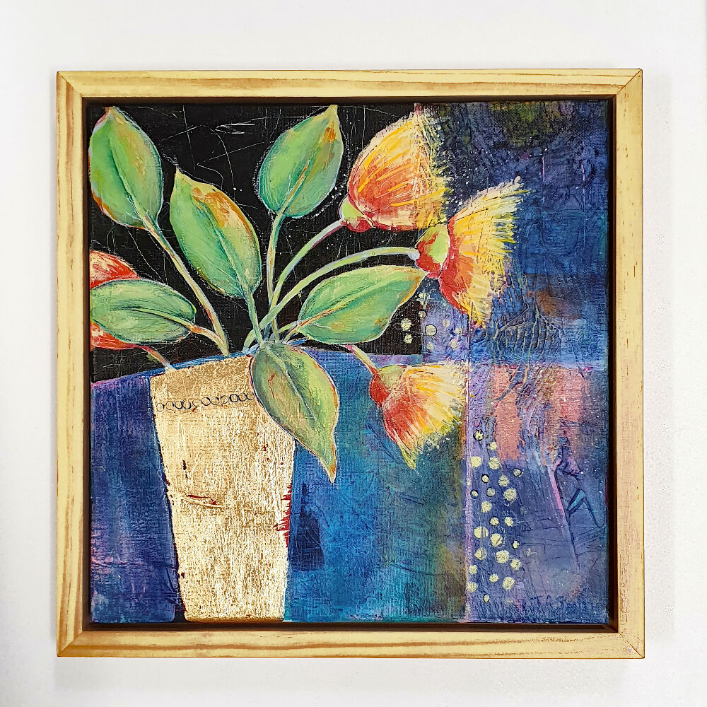 Framed Floral Still LIfe painting with Gum Blossoms_ Gold Leaf _ Julie Smith