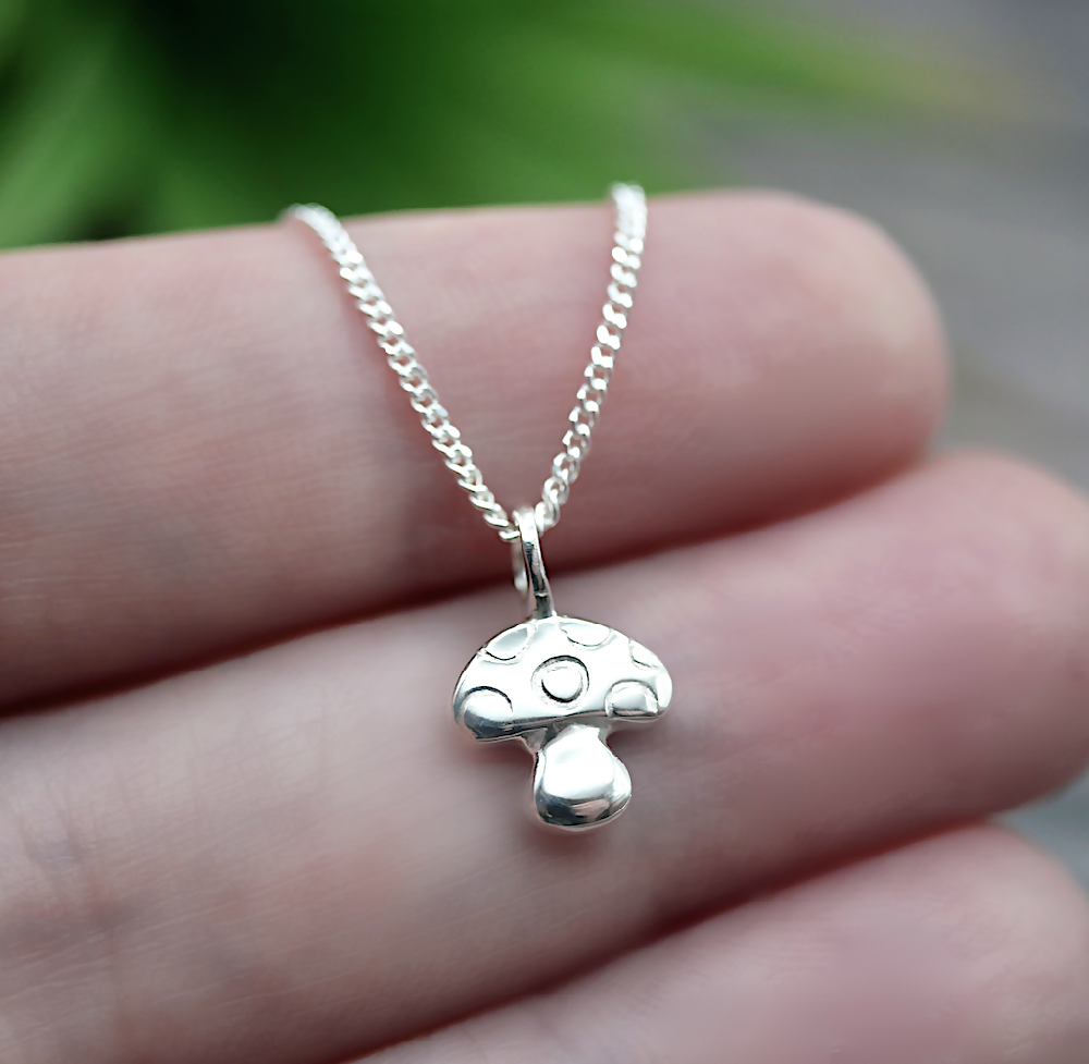 Tiny Mushroom - Handmade Sterling Silver Toadstool Pendant with Fine Chain