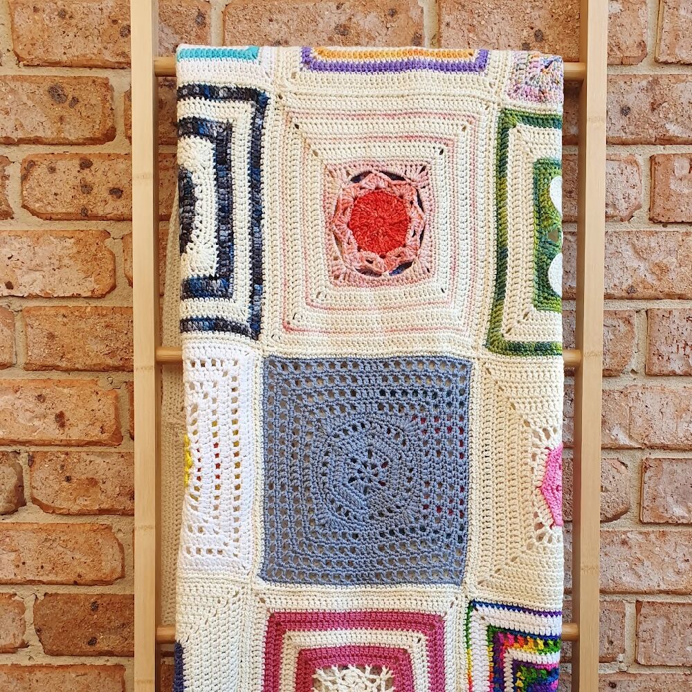Single Blanket square blocks crochet wool cream multicolour