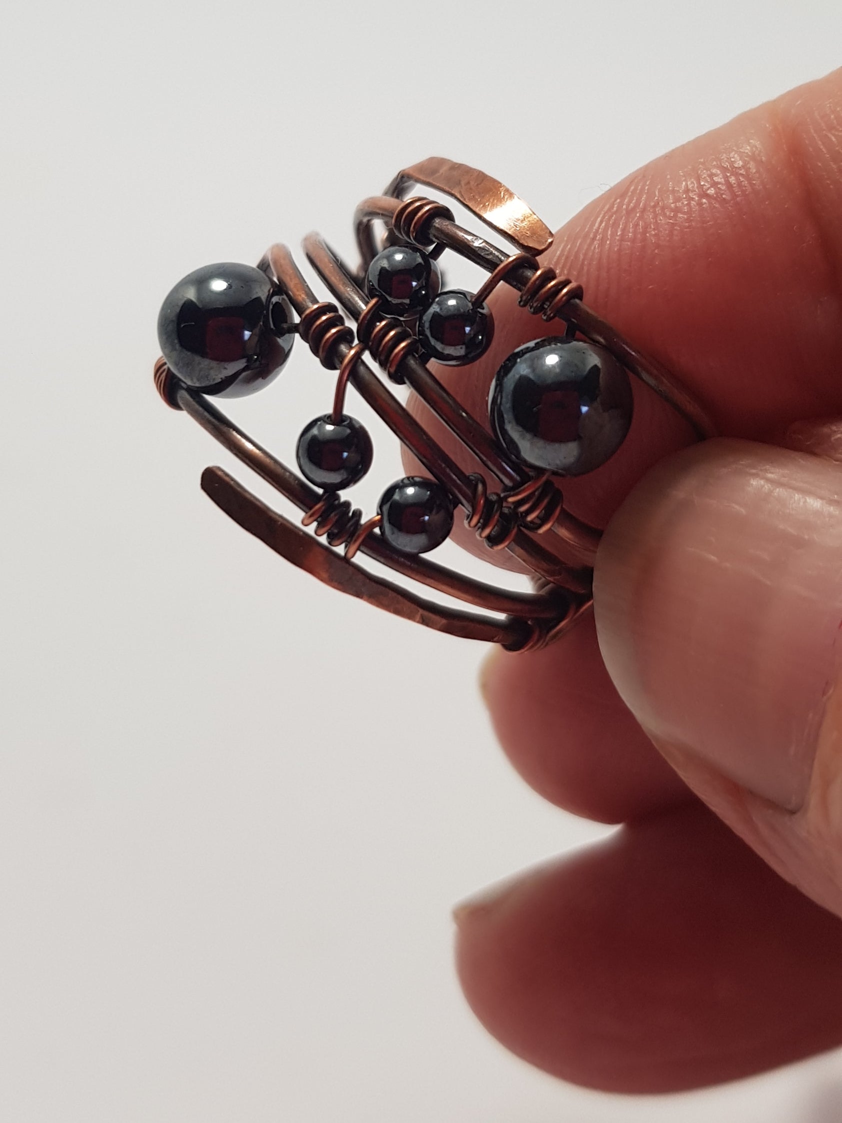 Amethyst and Hematite beaded copper rings #699AM/R + #700AM/R