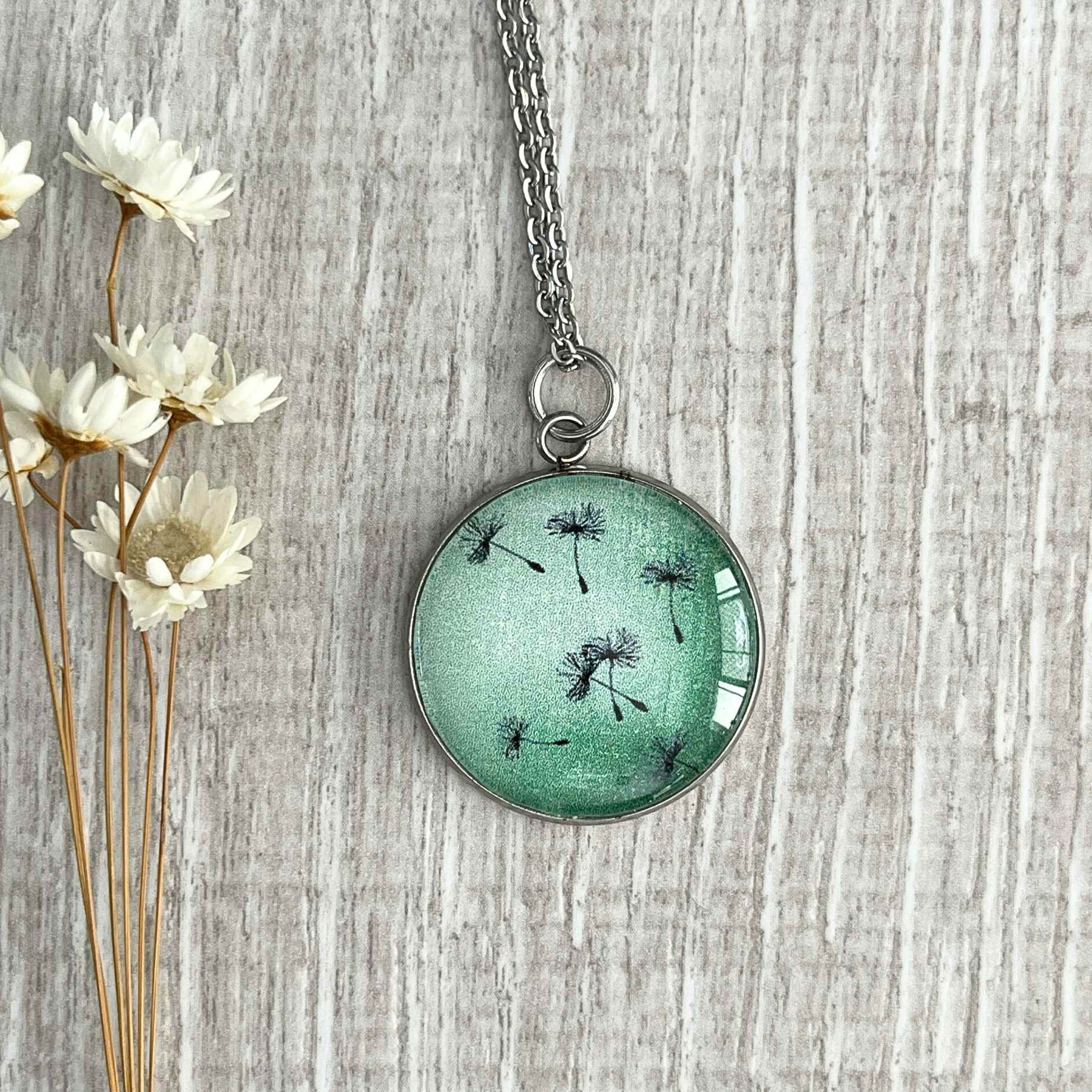 Green Pendant Handmade with Glass & Stainless Steel• Make A Wish on Delicate Dandelions