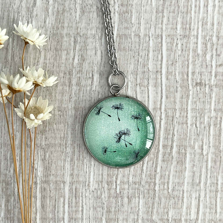 Green Pendant Handmade with Glass & Stainless Steel• Make A Wish on Delicate Dandelions