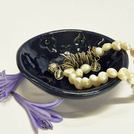 Dark Blue Ceramic Ring Dish - Hand made Trinket Dish