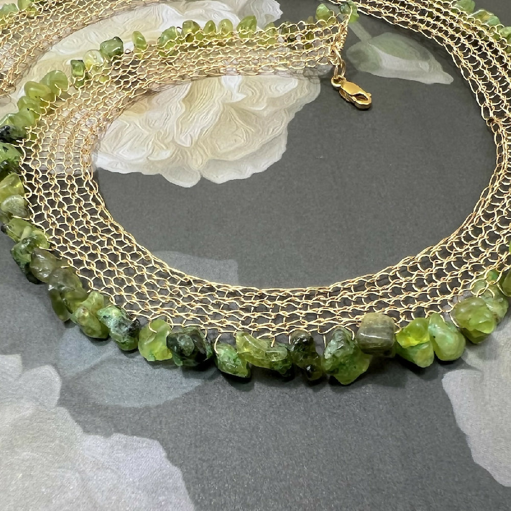 Knitted gold-filled with peridot necklace detail
