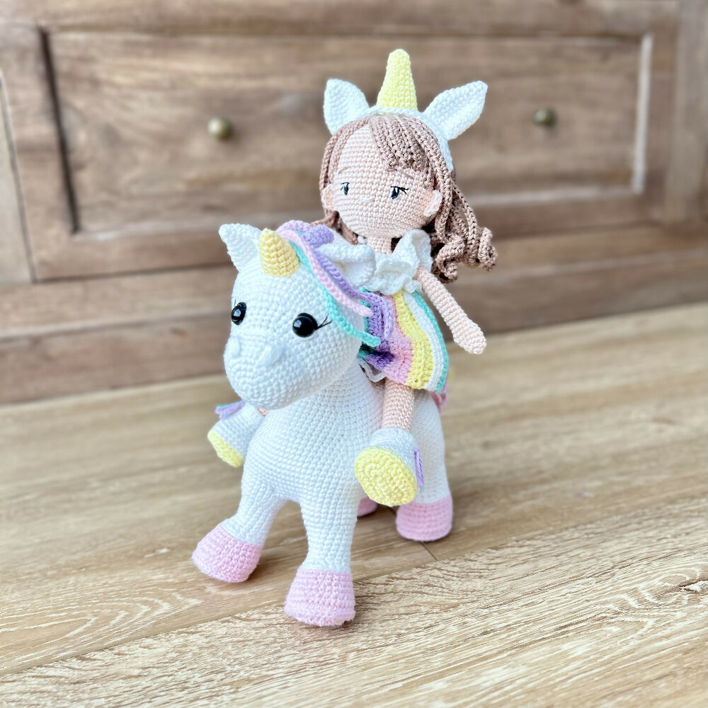 Crochet Unicorn Cotton Candy and Doll Starlight Friend Set