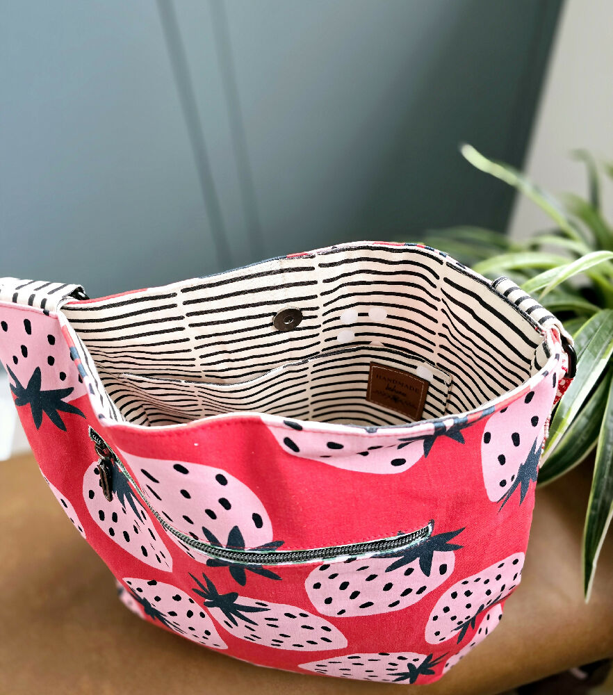 Strawberry crossbody tote bag. Everyday bag.