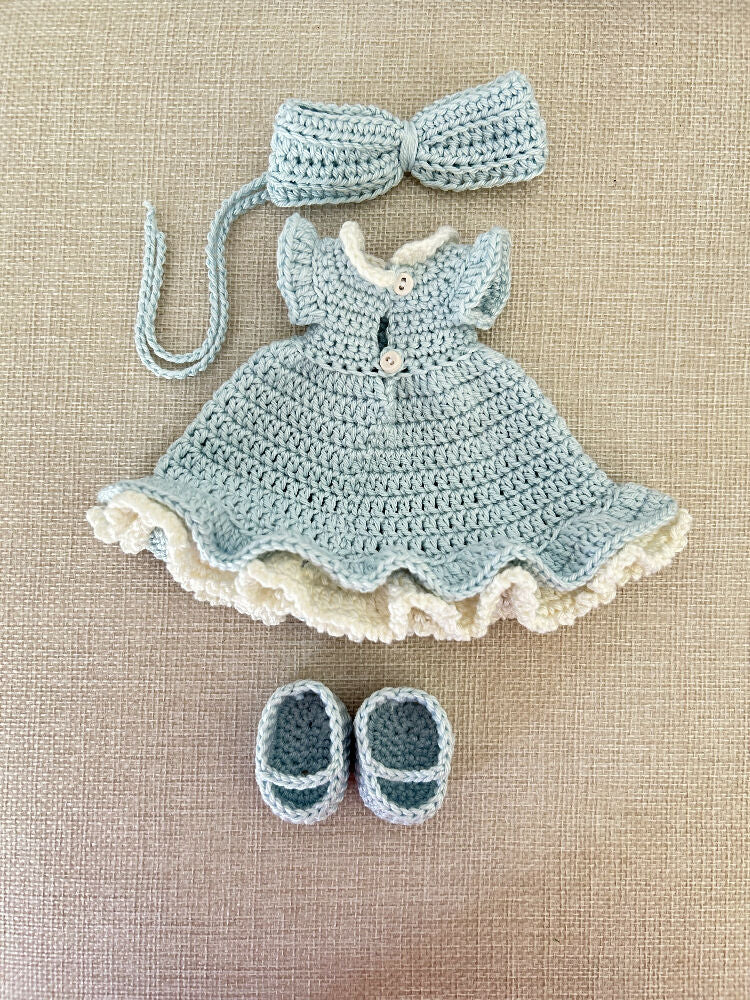 Blue dress-crochet-handmade-cotton-Australian made-Adelaide-gift-outfit-additional clothing-knit-matching shoes-headband-collection-collectible-heirloom-keepsake