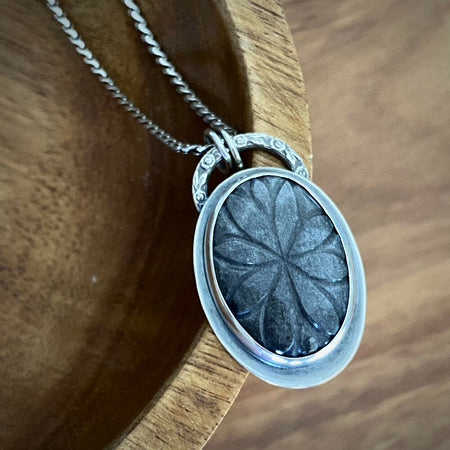 Sterling Silver Carved Silver Sheen Obsidian Oval Pendant