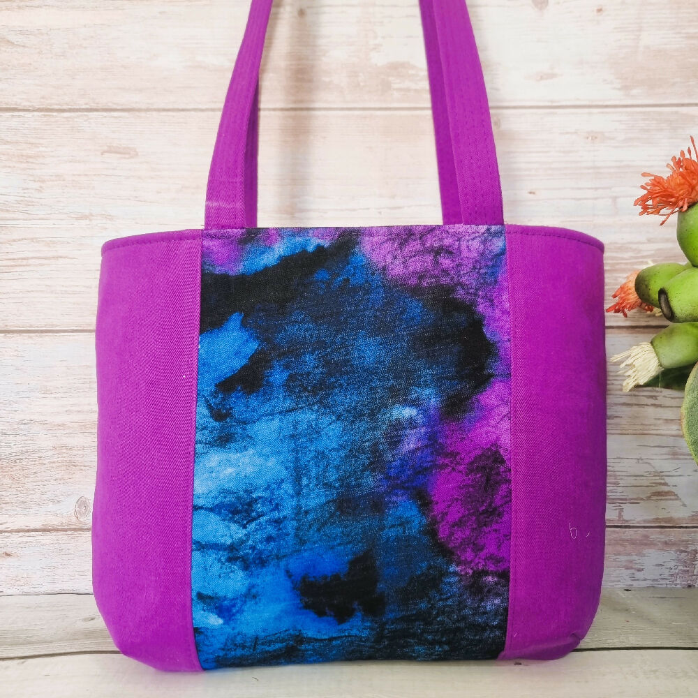 Upcycled small tote bag - purple & blue abstract floral
