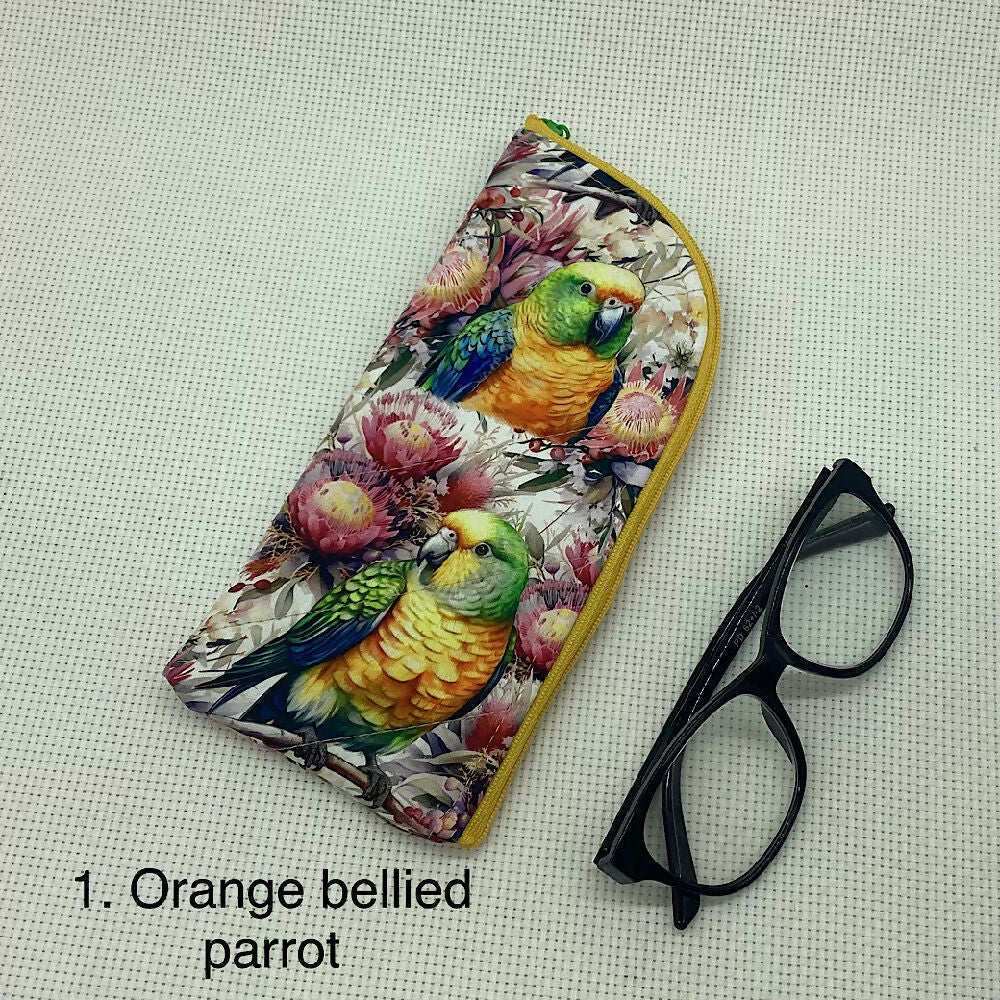Australian birds curved top zip pouch for glasses, phones, handbag organiser, etc.