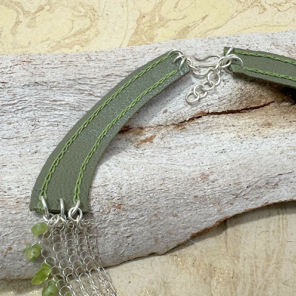 Knitted fine silver with peridot and leather necklace detail3
