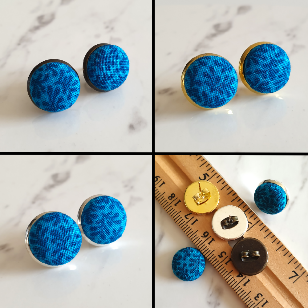1.4cm Round Blue Plants cotton fabric Cabochon stud earrings