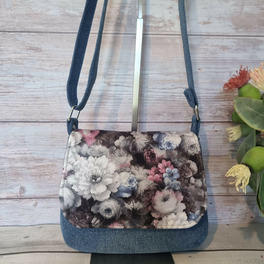 Upcycled mini messenger bag - denim & dusty flowers