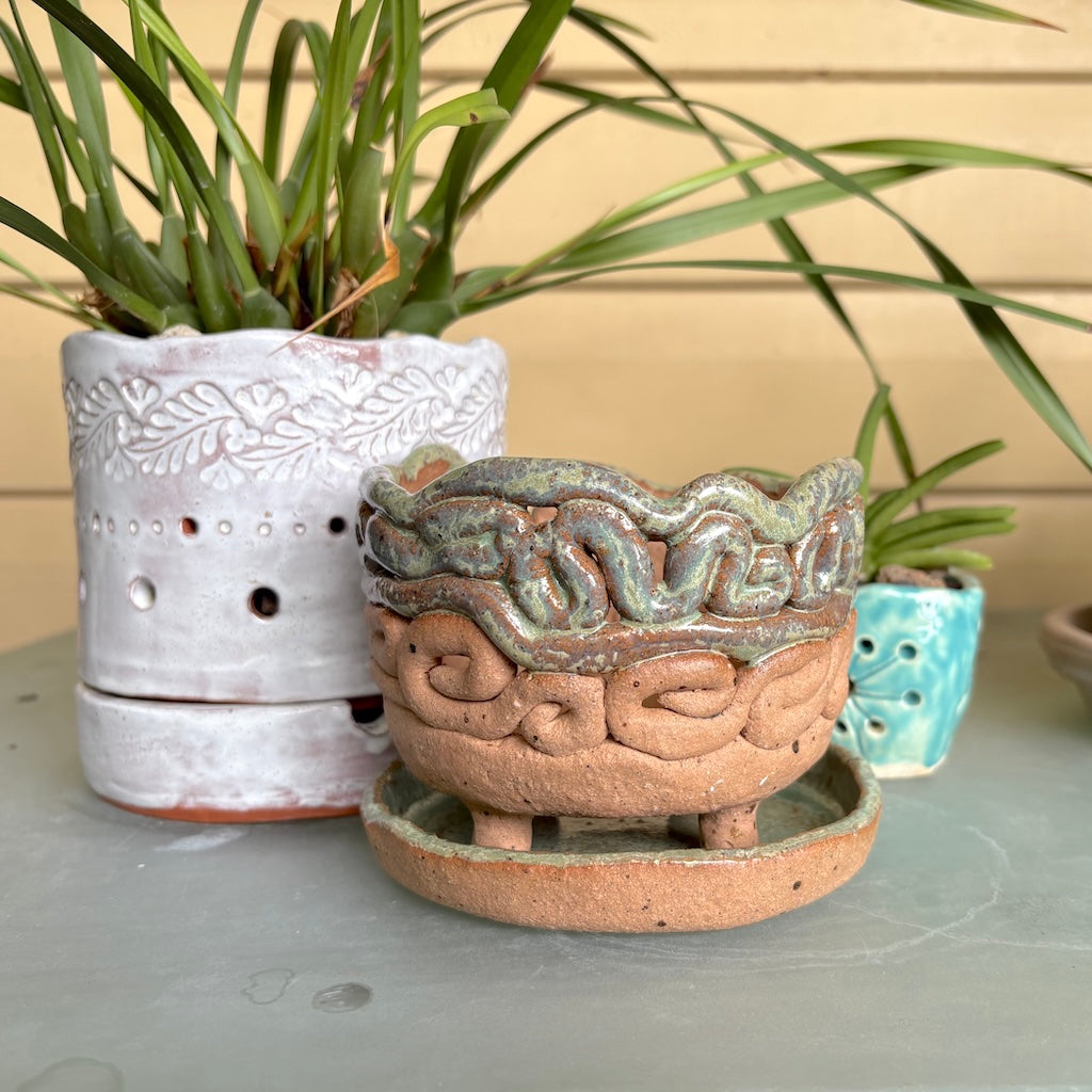 Ceramic coiled orchid pot with saucer
