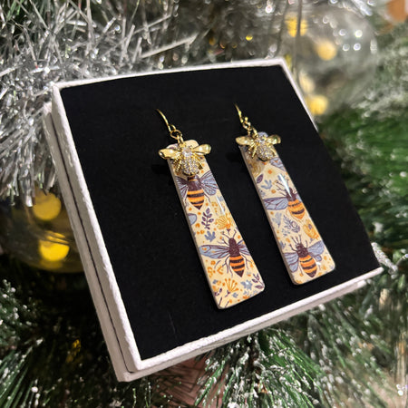 Golden Bee Garden Dangles — Nature-Inspired Polymer Clay Earrings