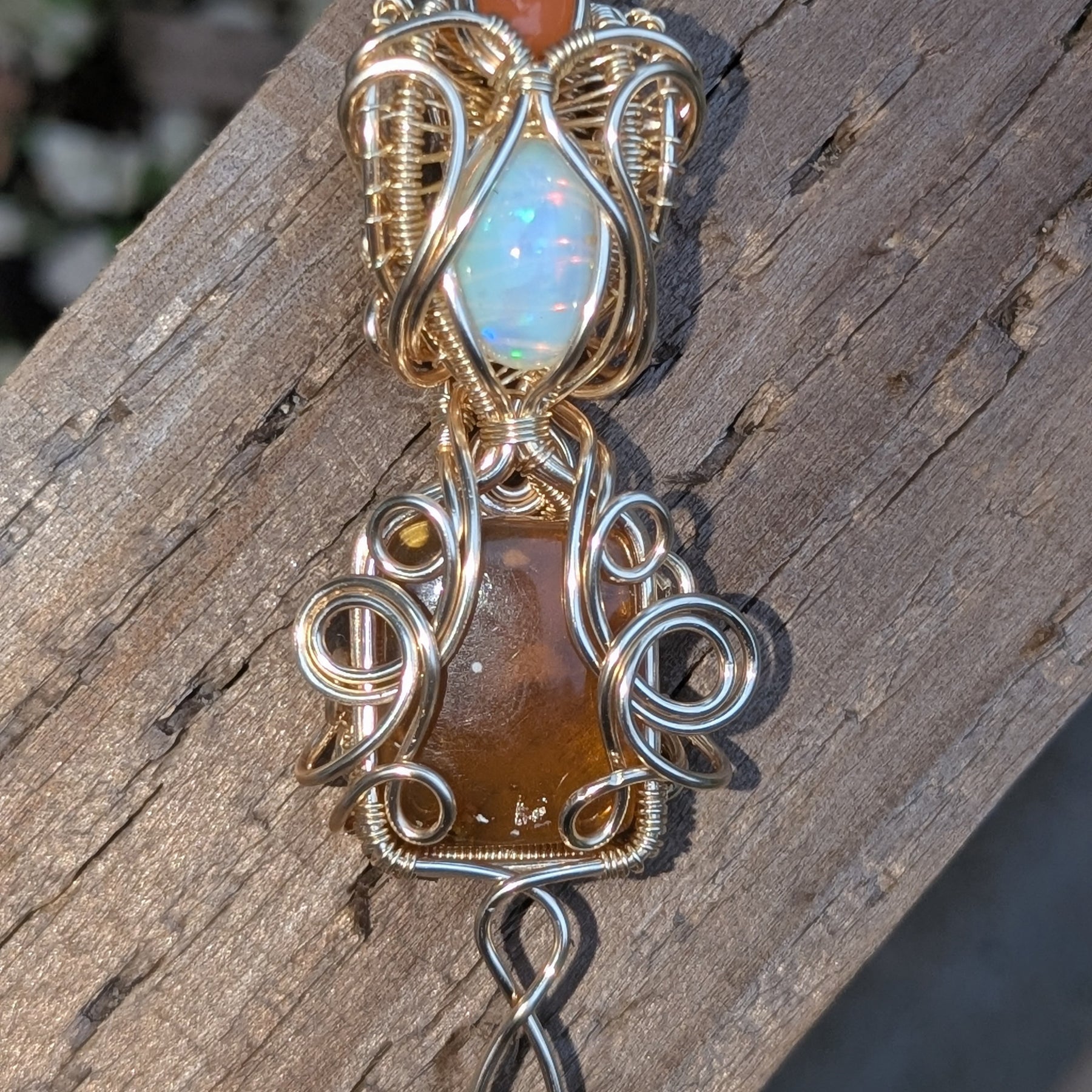 Puck - Ethiopian Opal, Golden Amber, & Carnelian in Gold Coloured Copper