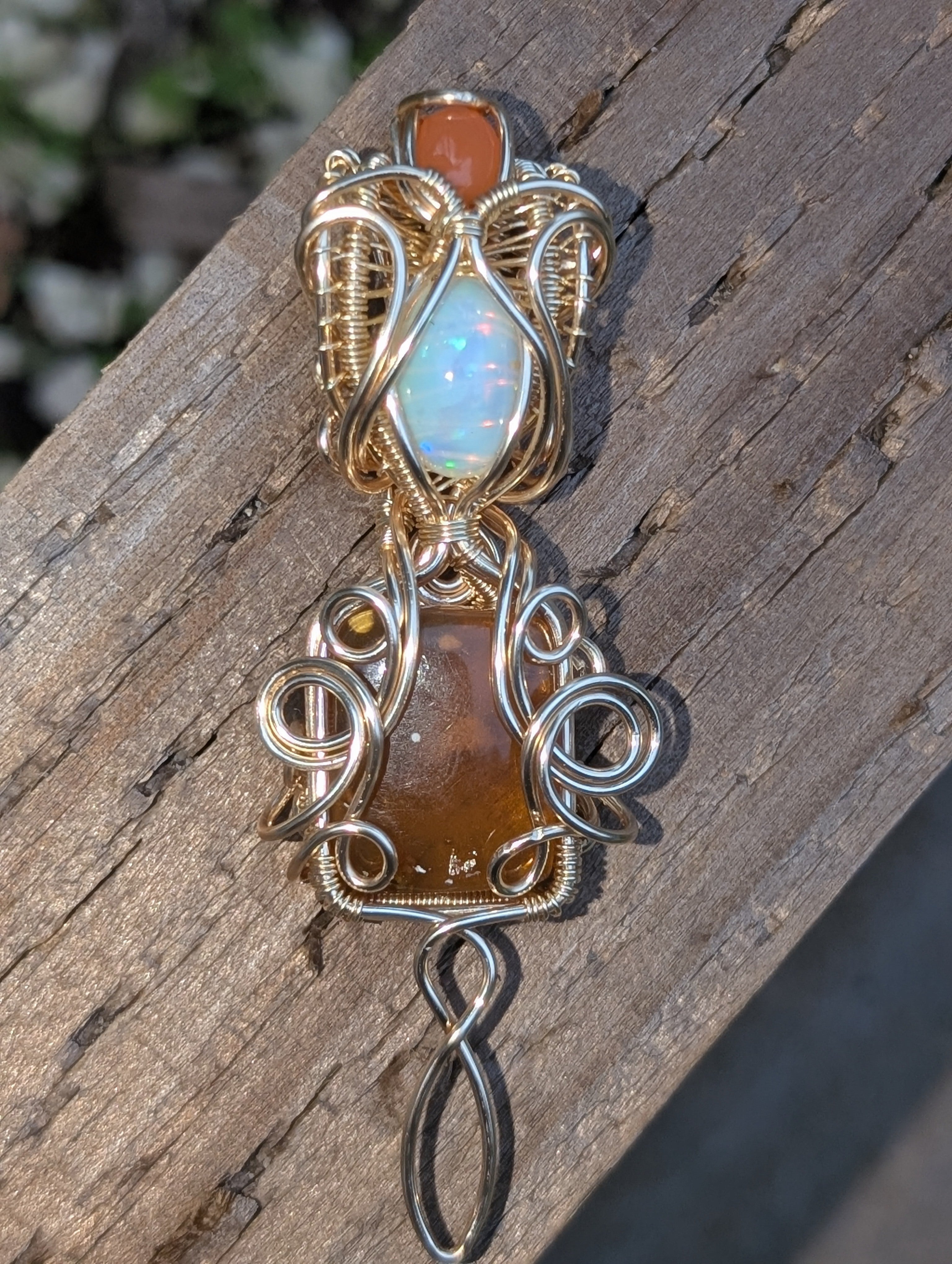 Puck - Ethiopian Opal, Golden Amber, & Carnelian in Gold Coloured Copper