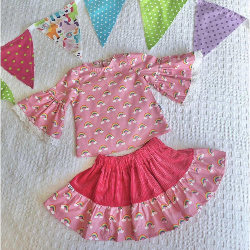 Handmade Pink Rainbow Bell Sleeve Top | Size 2–3 Girls