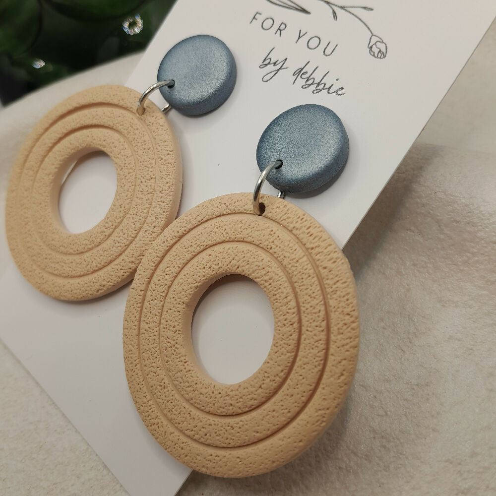 Blue and beige polymer clay circle earring- hypoallergenic
