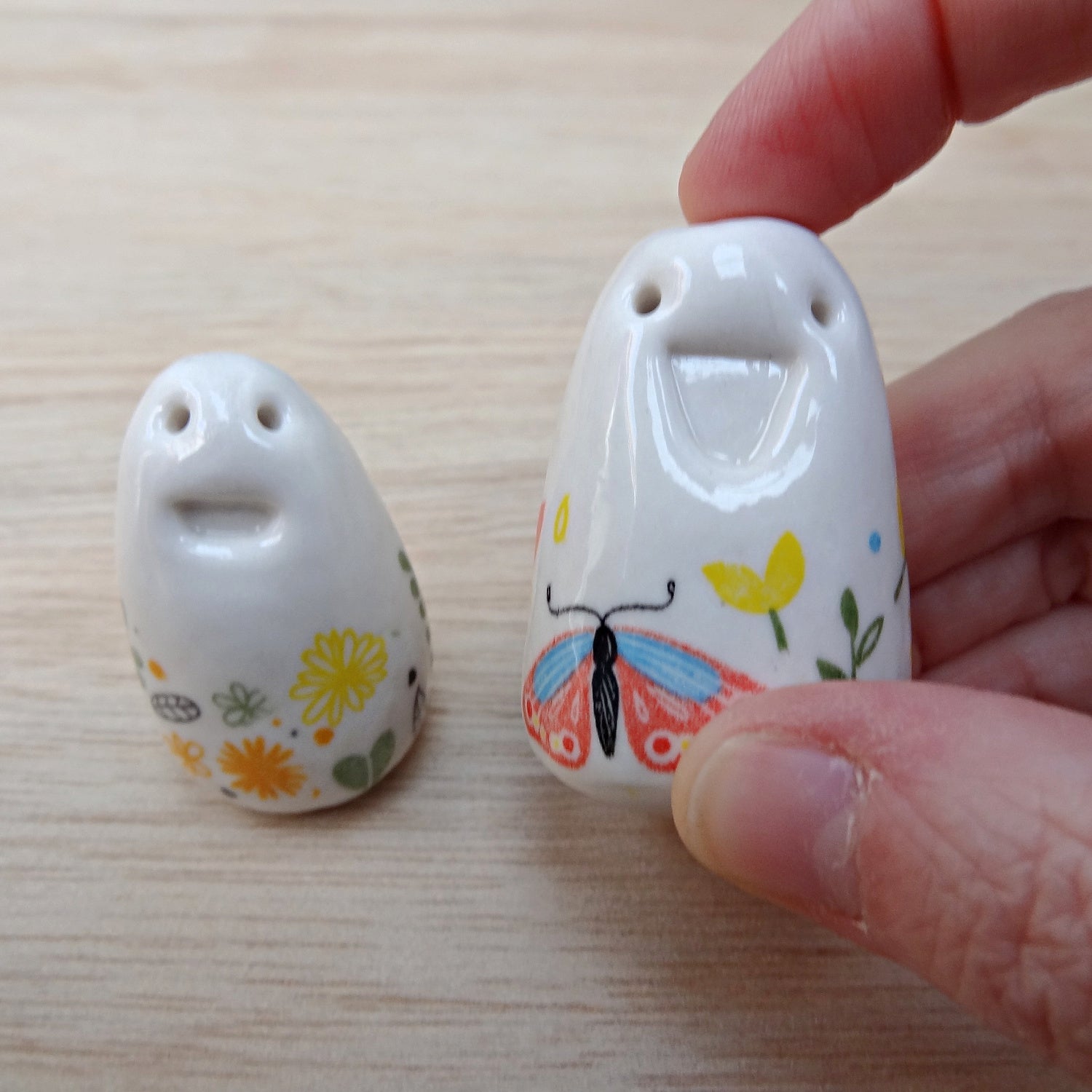 Set of 2 miniature ceramic pebble pets. Collectable tiny ceramic pottery stone friends. Handmade Whimsical Shelf or desk decor