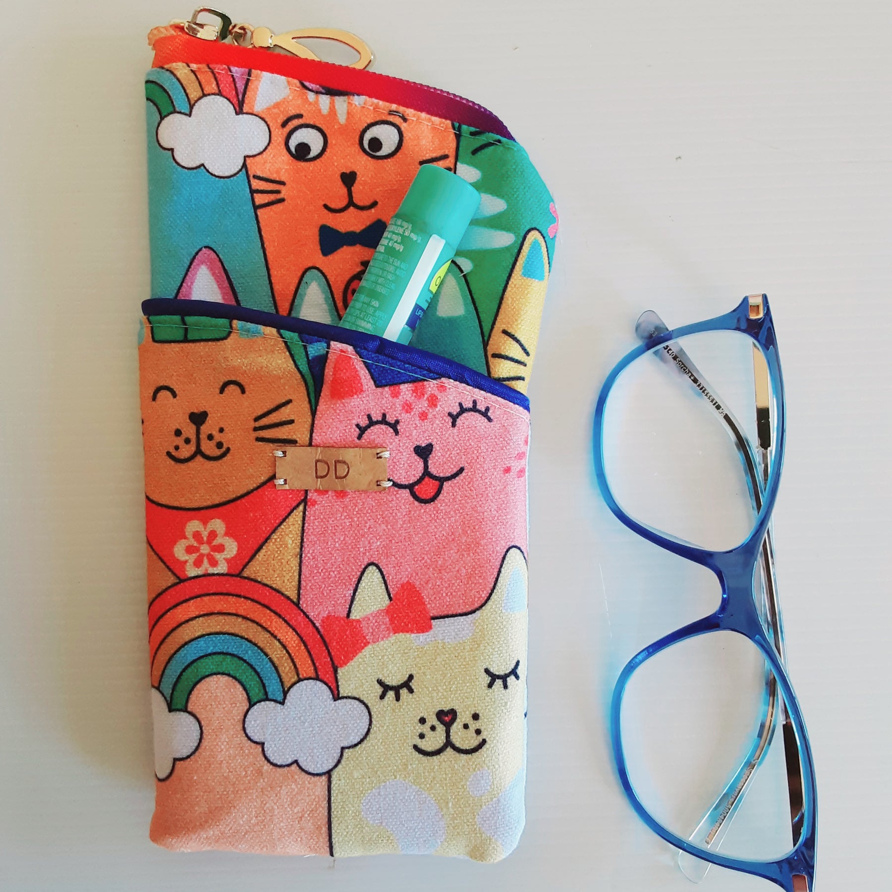 Handmade Padded Sunglass Case, Zippered Eyeglass Pouch, Cat Print
