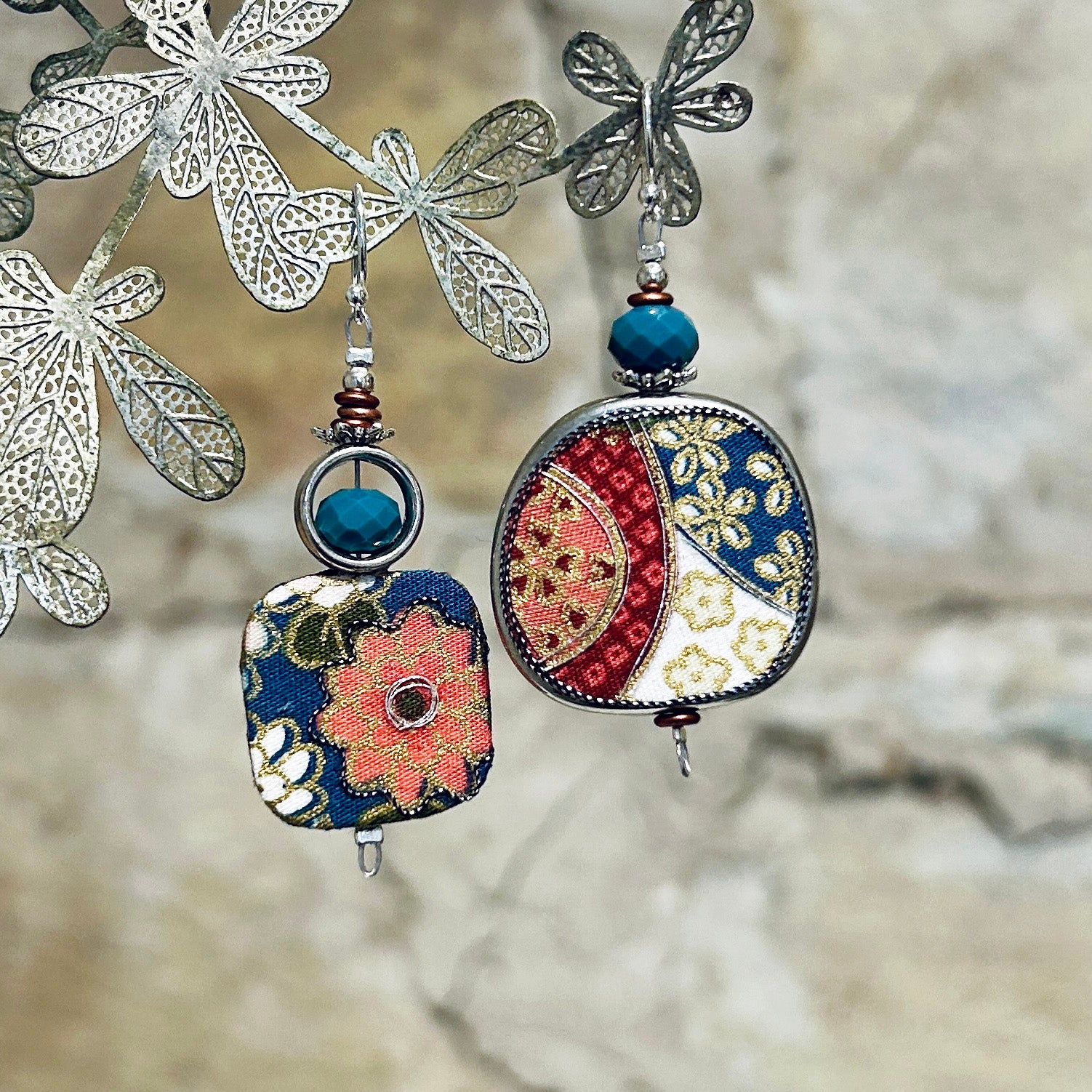 Earrings Blue Pink White Floral Asymmetrical - EC640