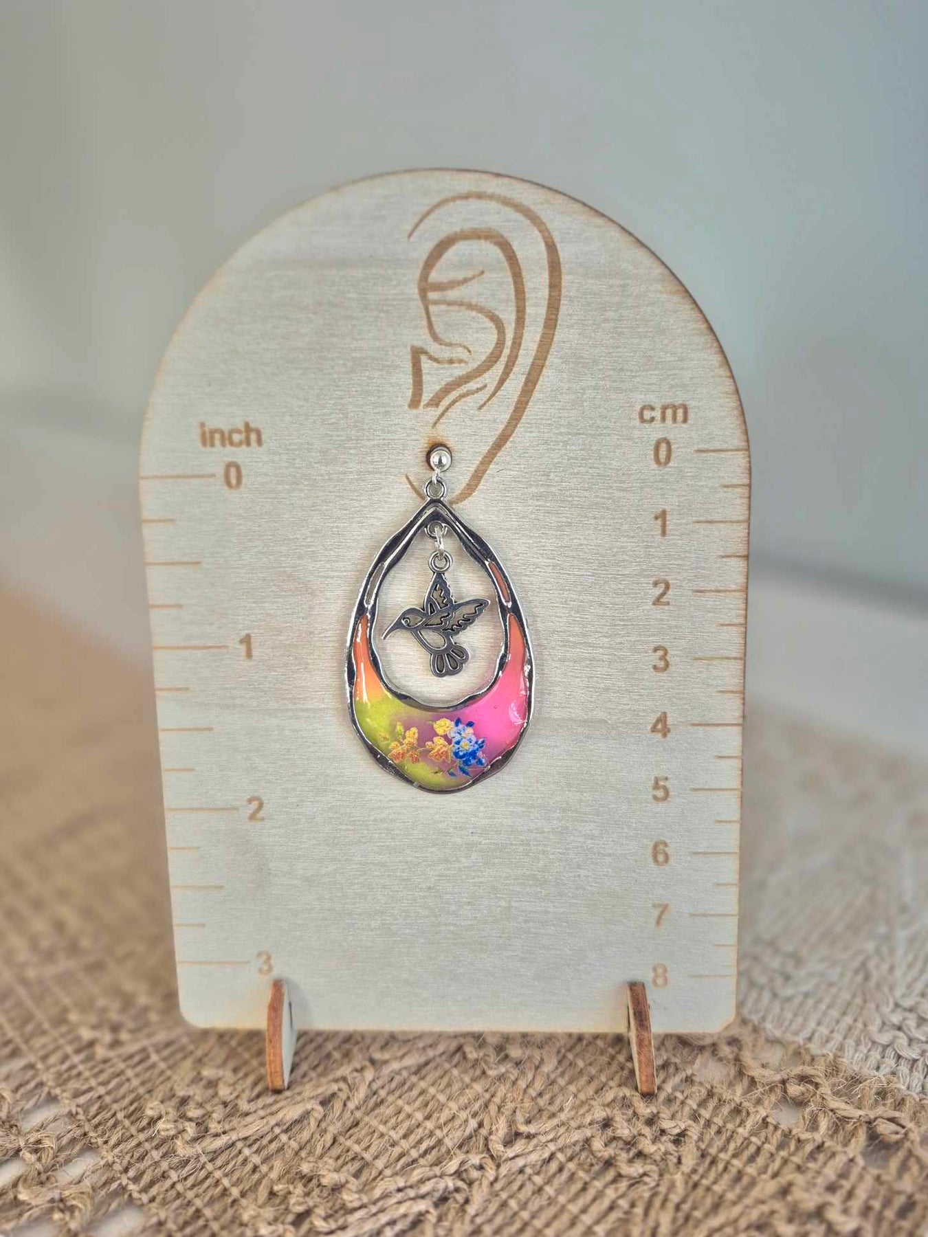 Sterling Silver Drop Stud Resin Hummingbird Earrings