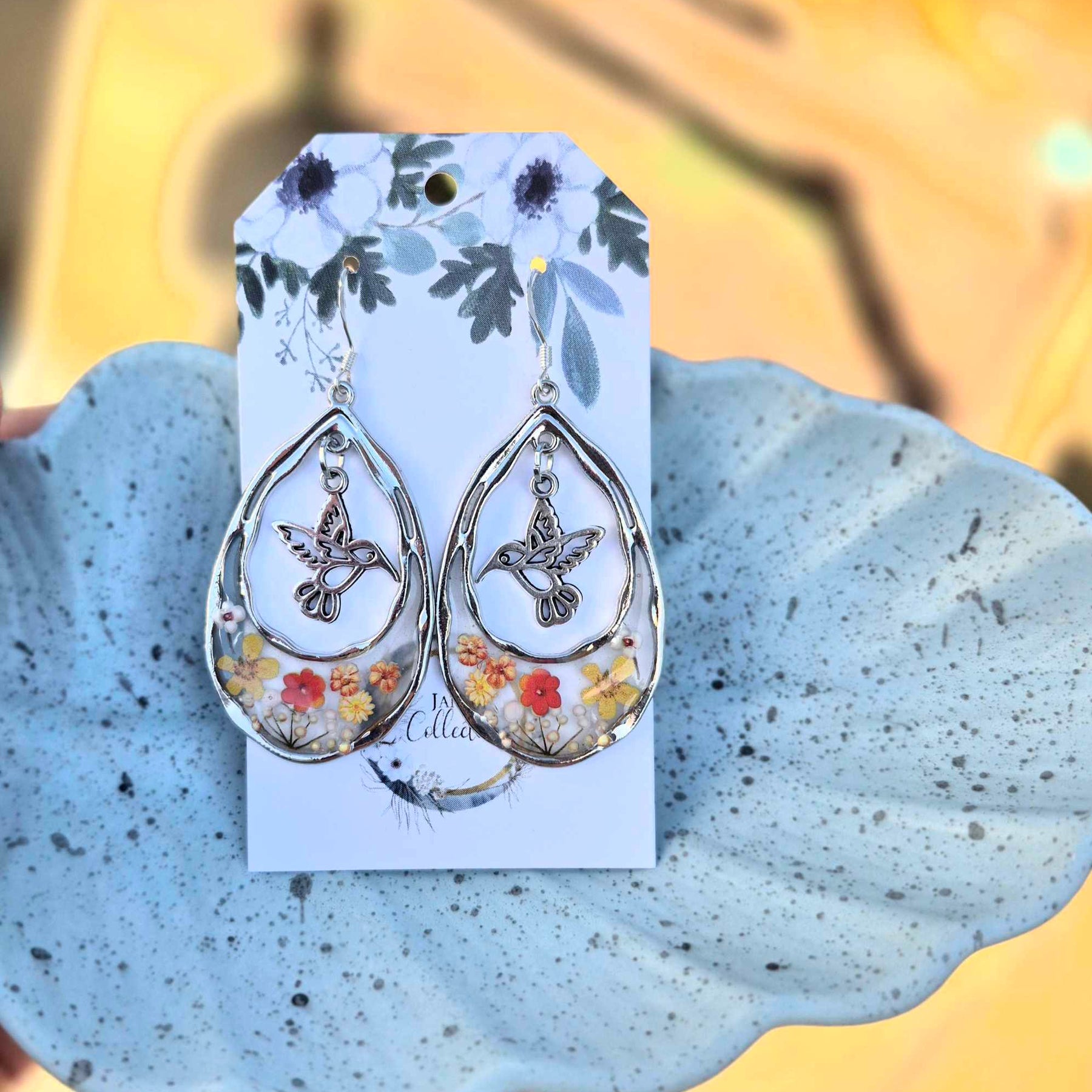 Sterling Silver Hook Resin with Hummingbird Charm Earrings