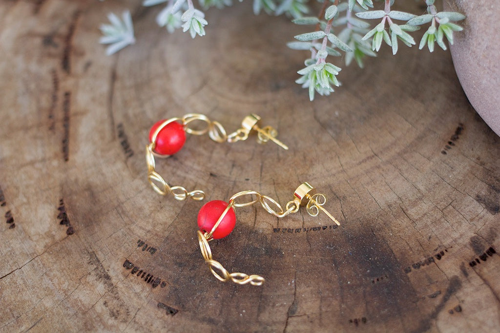 Gold or Silver Loop Stud Earrings With Red Gemstones