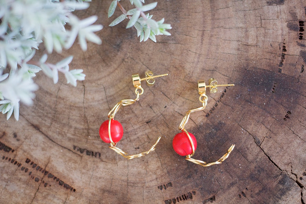 Gold or Silver Loop Stud Earrings With Red Gemstones
